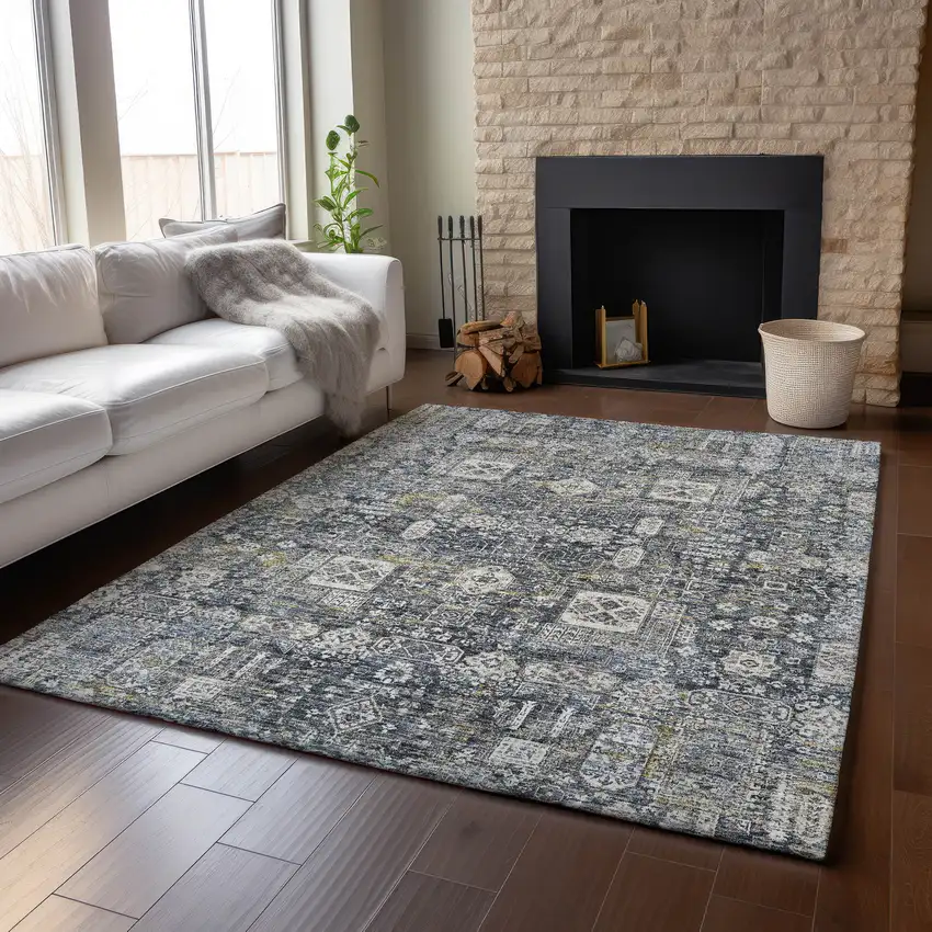 Charcoal Ivory And Gold Floral Washable Area Rug With UV Protection Photo 6