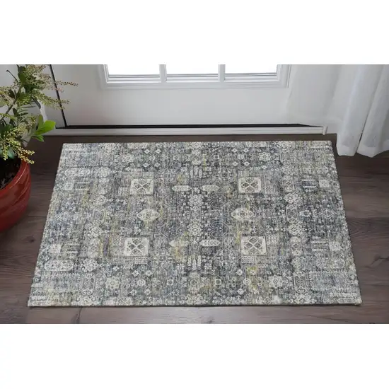 Charcoal Ivory And Gold Floral Washable Area Rug With UV Protection Photo 2