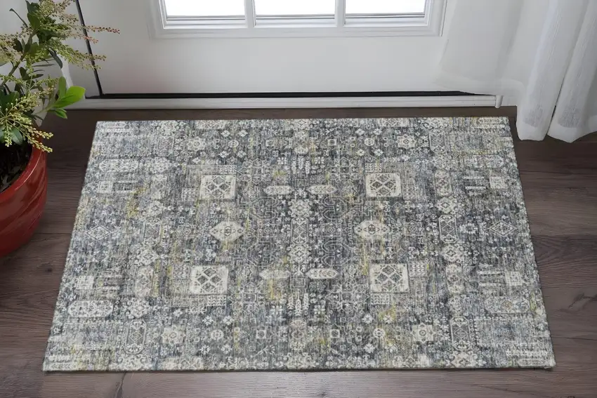Charcoal Ivory And Gold Floral Washable Area Rug With UV Protection Photo 2