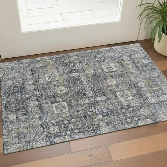 Charcoal Ivory And Gold Floral Washable Area Rug With UV Protection Photo 1