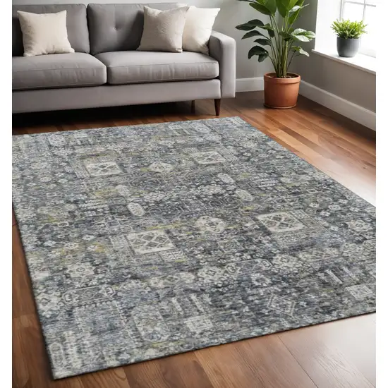 Charcoal Ivory And Gold Floral Washable Area Rug With UV Protection Photo 2