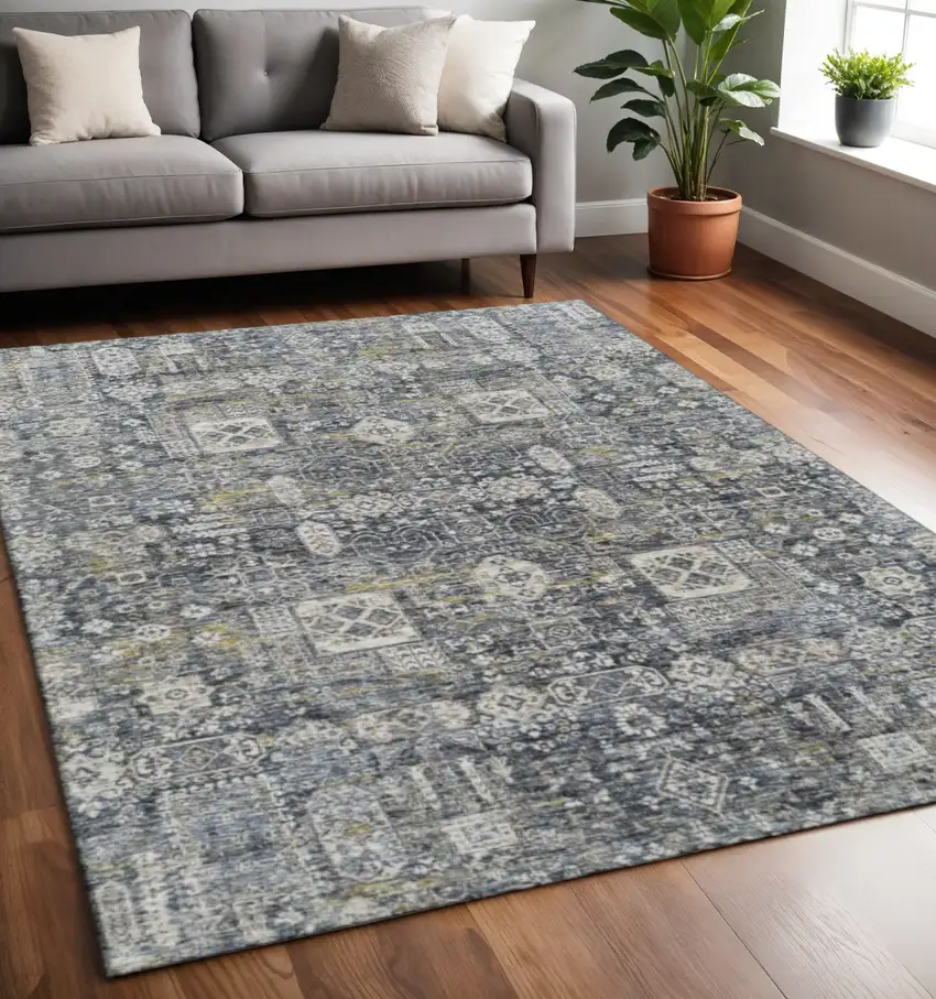 Charcoal Ivory And Gold Floral Washable Area Rug With UV Protection Photo 2
