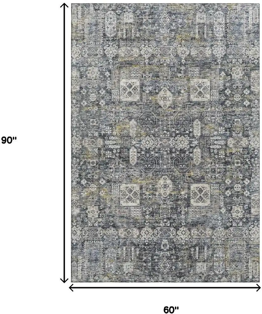 Charcoal Ivory And Gold Floral Washable Area Rug With UV Protection Photo 3