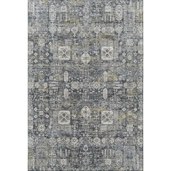 Charcoal Ivory And Gold Floral Washable Area Rug With UV Protection Photo 4