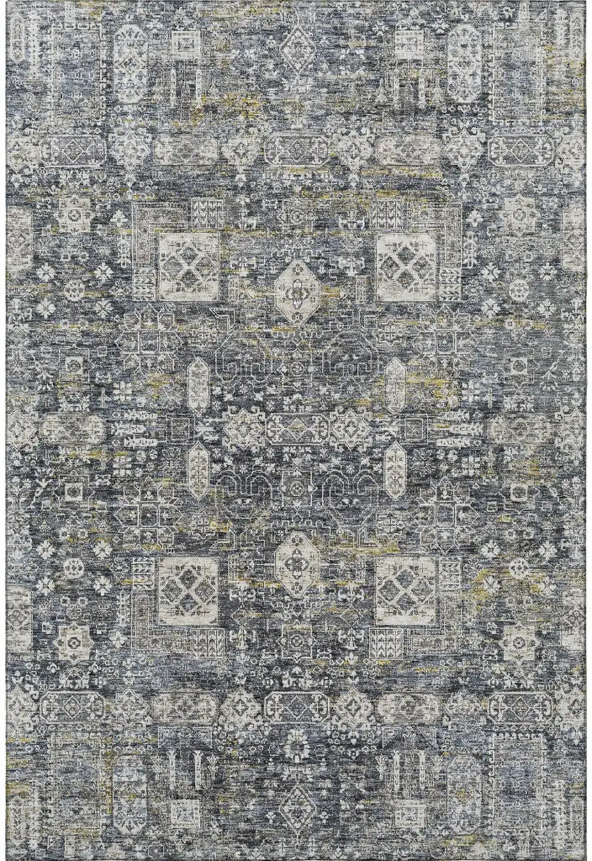 Charcoal Ivory And Gold Floral Washable Area Rug With UV Protection Photo 4