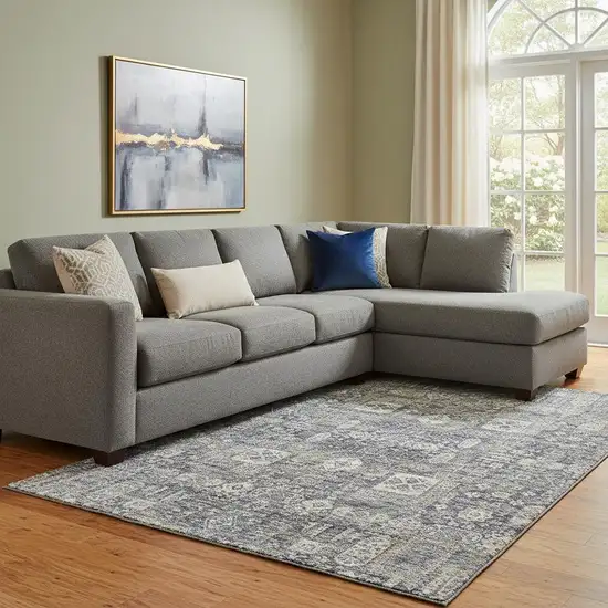 Charcoal Ivory And Gold Floral Washable Area Rug With UV Protection Photo 2