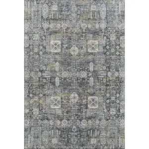 Photo of Charcoal Ivory And Gold Floral Washable Area Rug With UV Protection
