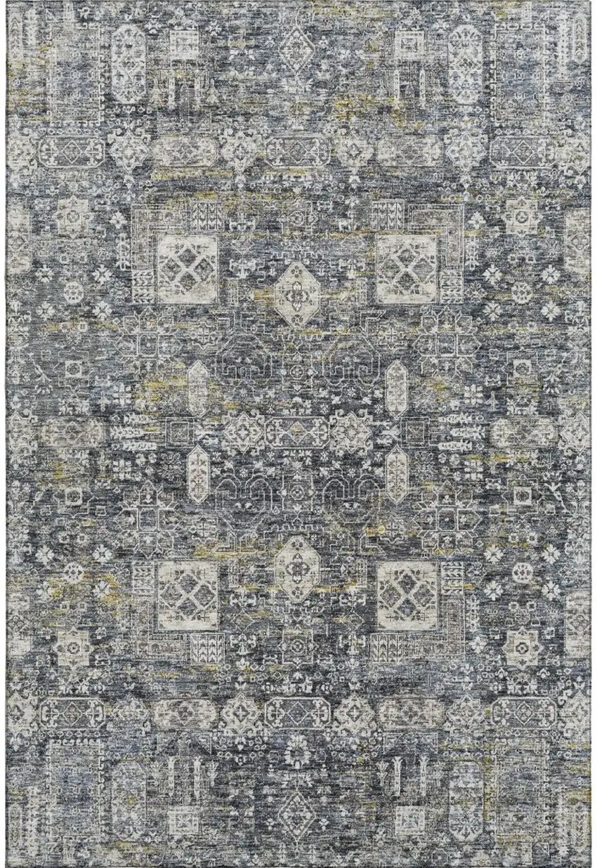 Charcoal Ivory And Gold Floral Washable Area Rug With UV Protection Photo 1