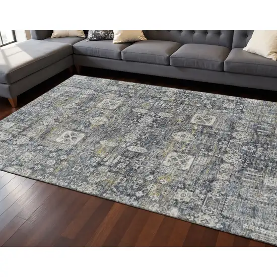 Charcoal Ivory And Gold Floral Washable Area Rug With UV Protection Photo 2