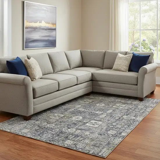 Charcoal Ivory And Gold Floral Washable Area Rug With UV Protection Photo 1