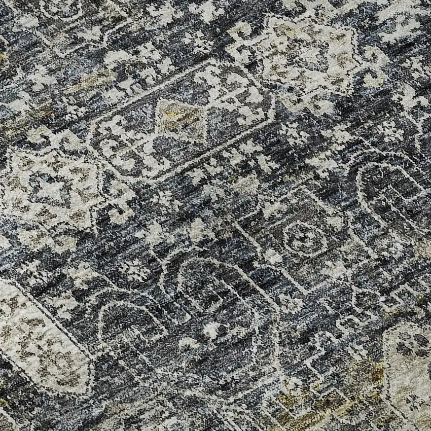 Charcoal Ivory And Gold Floral Washable Area Rug With UV Protection Photo 9