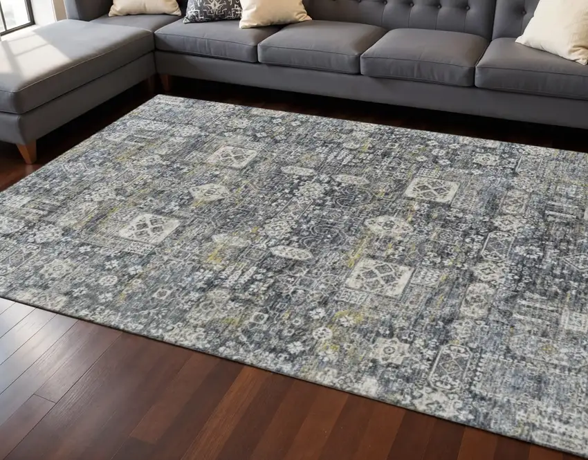Charcoal Ivory And Gold Floral Washable Area Rug With UV Protection Photo 2