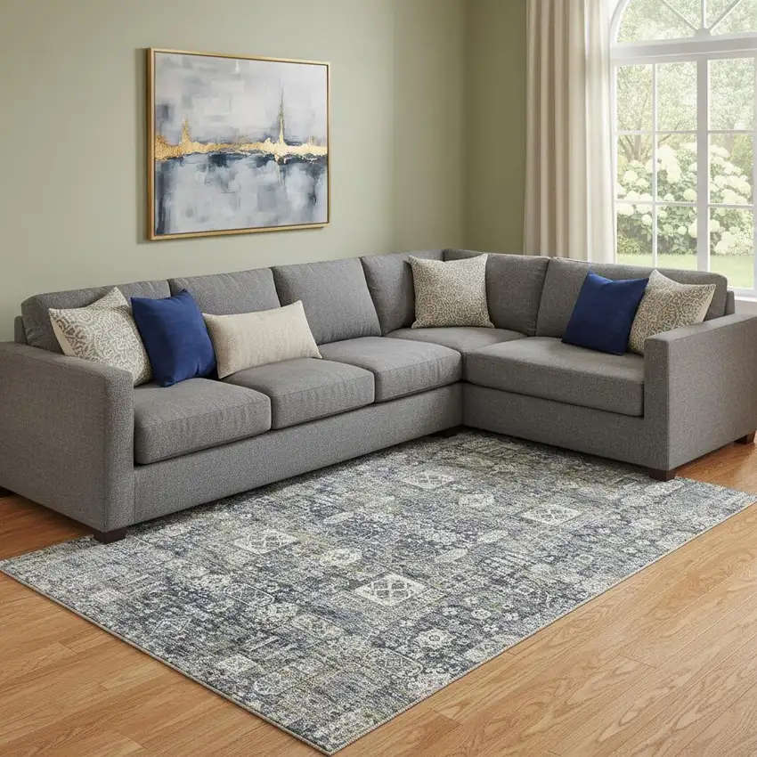 Charcoal Ivory And Gold Floral Washable Area Rug With UV Protection Photo 1