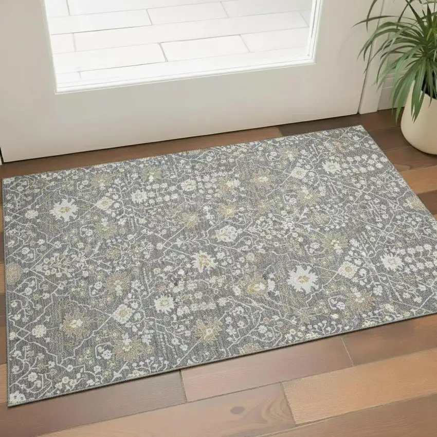 Charcoal Ivory And Gold Oriental Washable Area Rug With UV Protection Photo 2