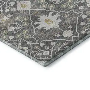 Photo of Charcoal Ivory And Gold Oriental Washable Area Rug With UV Protection