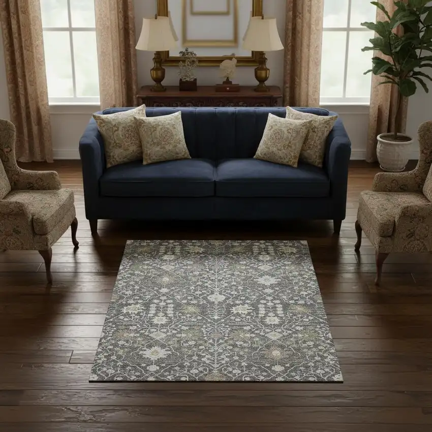 Charcoal Ivory And Gold Oriental Washable Area Rug With UV Protection Photo 2