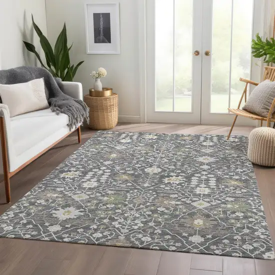 Charcoal Ivory And Gold Oriental Washable Area Rug With UV Protection Photo 4