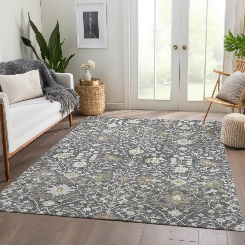 Charcoal Ivory And Gold Oriental Washable Area Rug With UV Protection Photo 4