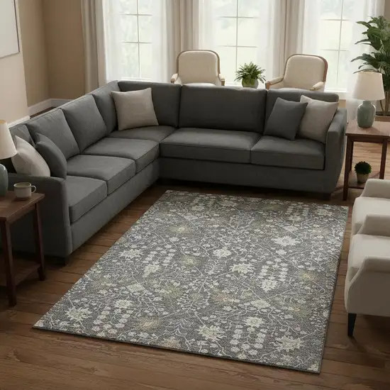 Charcoal Ivory And Gold Oriental Washable Area Rug With UV Protection Photo 2