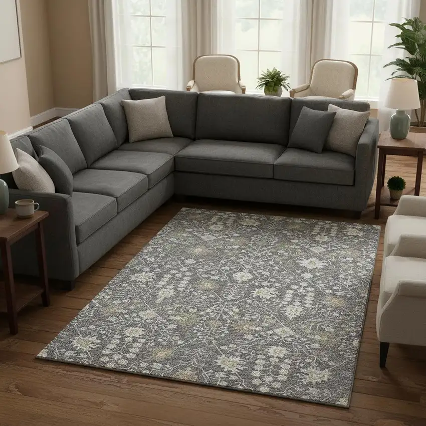 Charcoal Ivory And Gold Oriental Washable Area Rug With UV Protection Photo 2