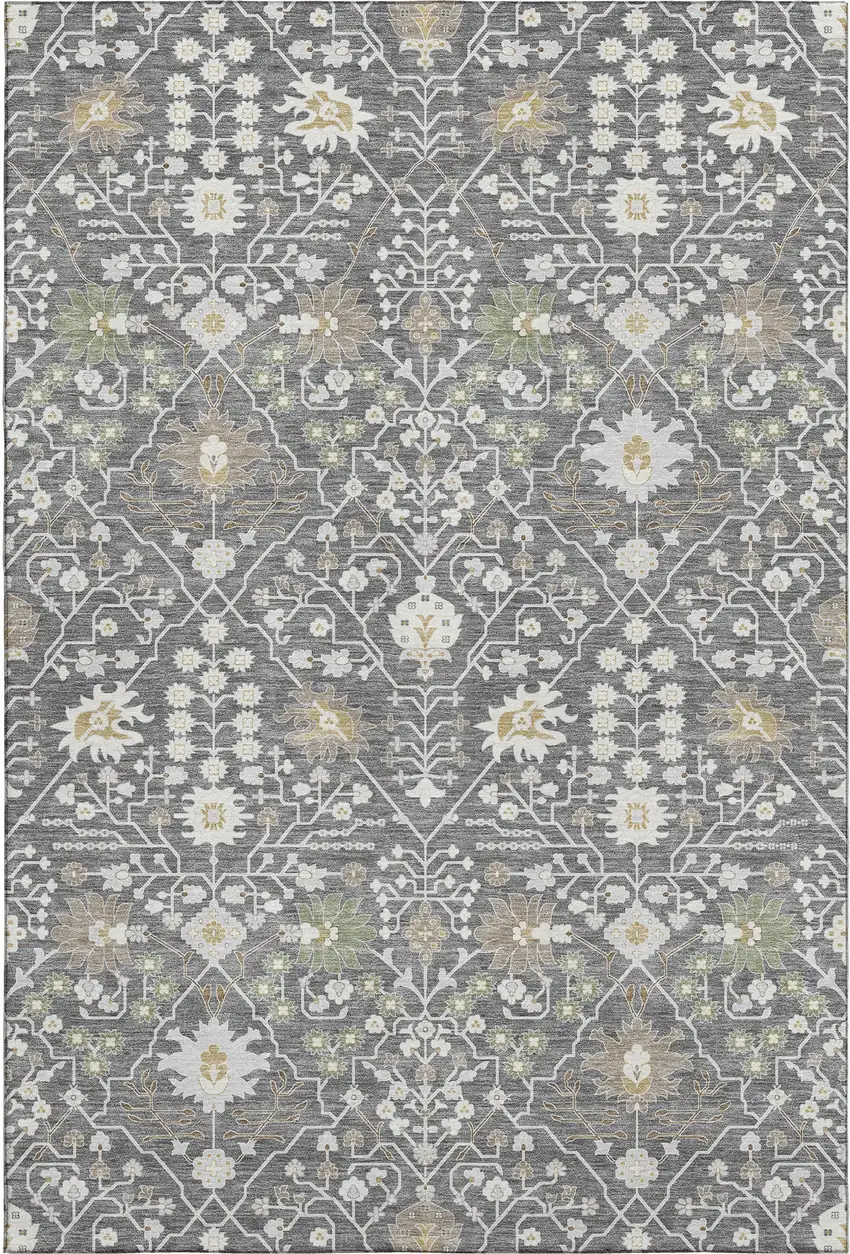 Charcoal Ivory And Gold Oriental Washable Area Rug With UV Protection Photo 1