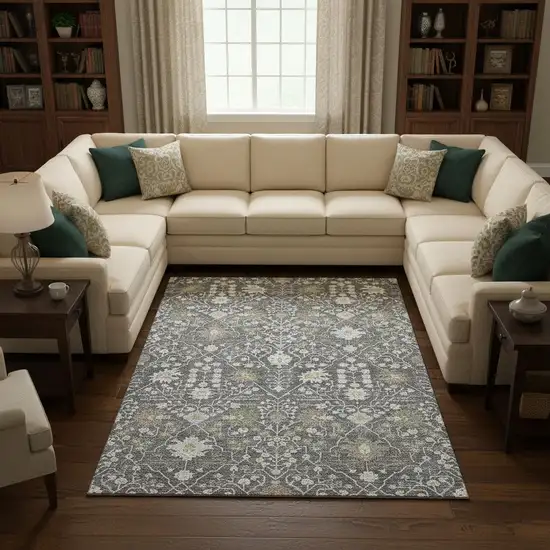 Charcoal Ivory And Gold Oriental Washable Area Rug With UV Protection Photo 2