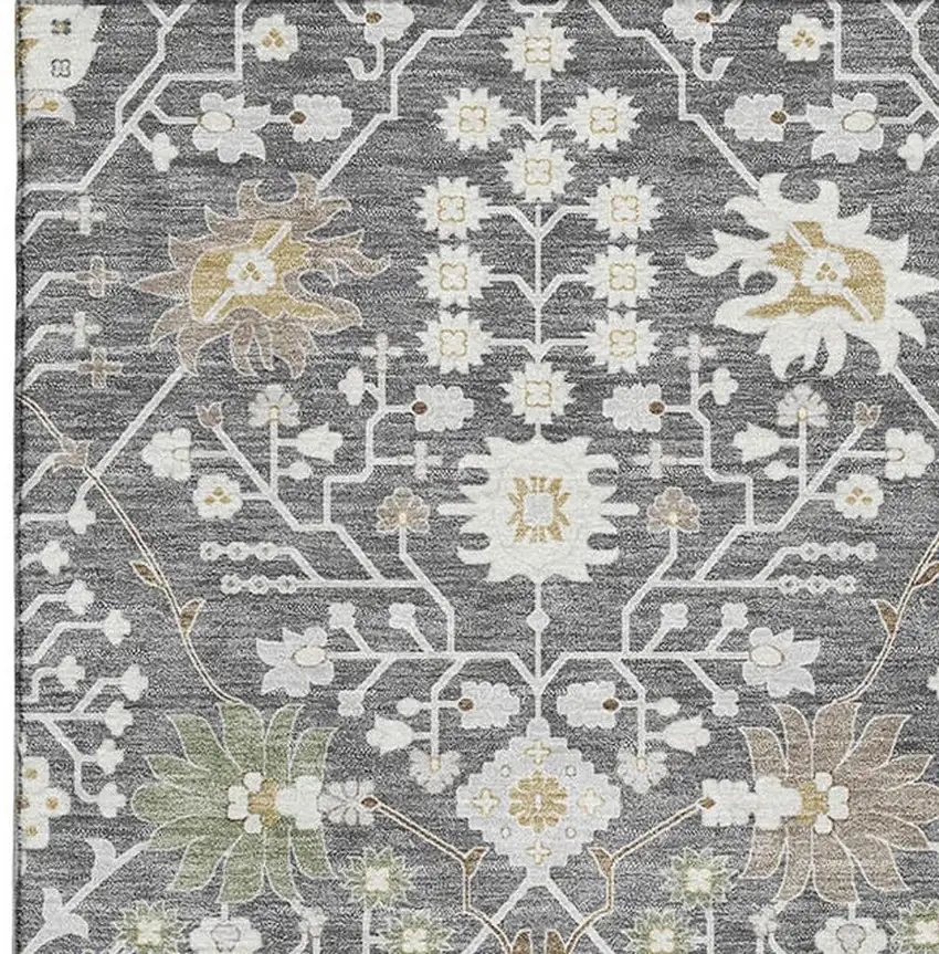 Charcoal Ivory And Gold Oriental Washable Area Rug With UV Protection Photo 2