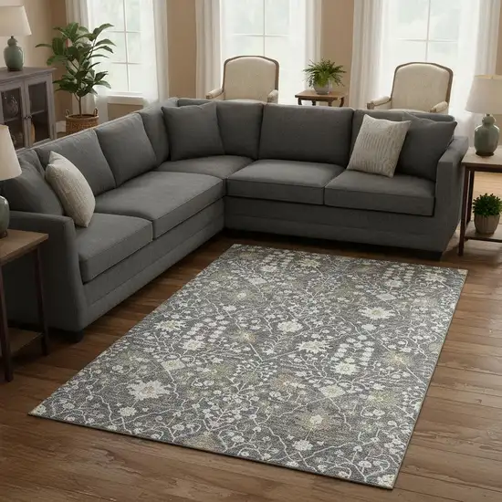 Charcoal Ivory And Gold Oriental Washable Area Rug With UV Protection Photo 2