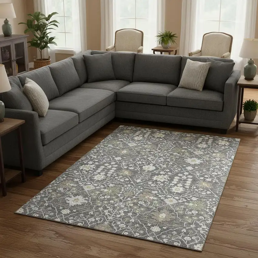 Charcoal Ivory And Gold Oriental Washable Area Rug With UV Protection Photo 2