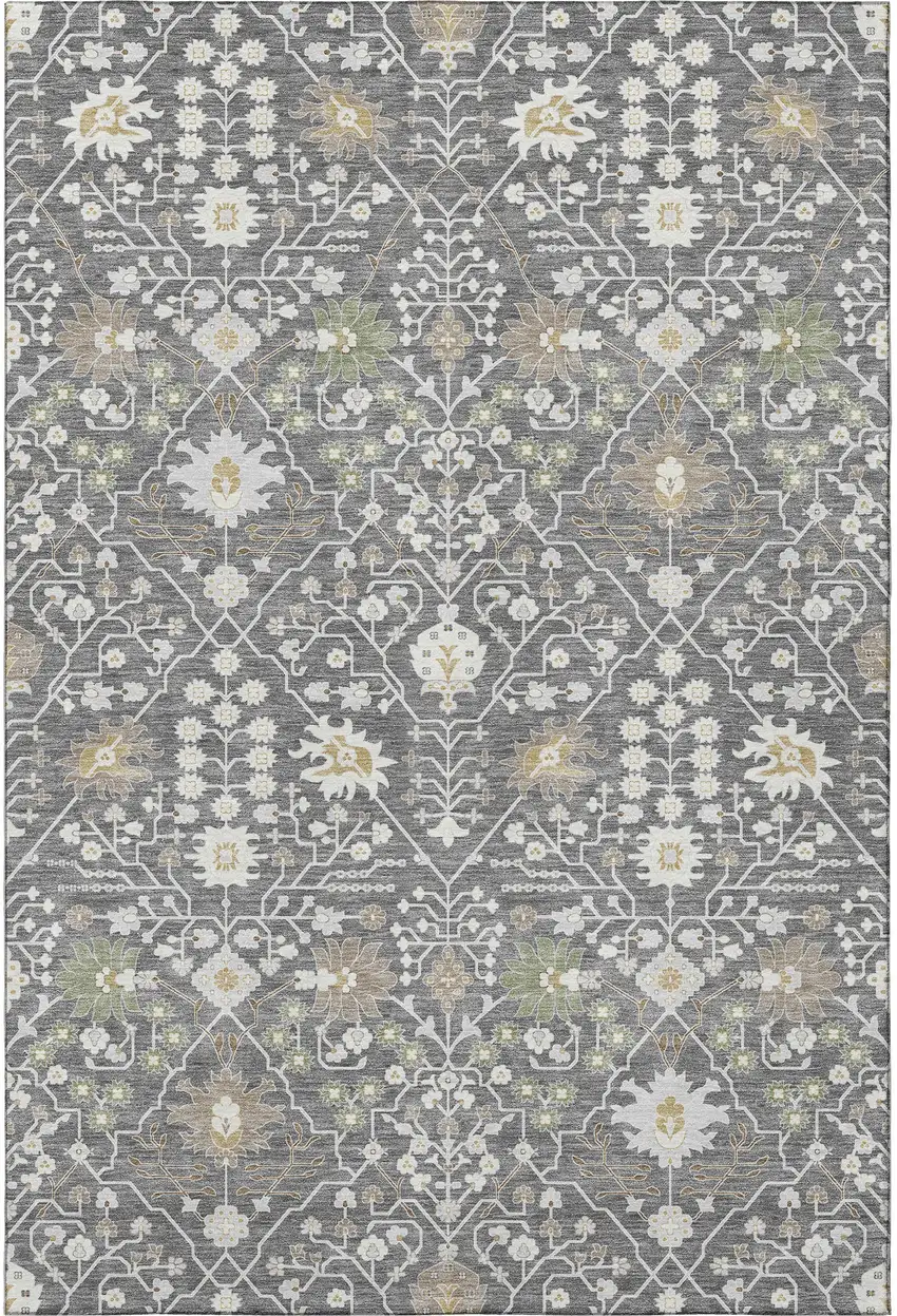 Charcoal Ivory And Gold Oriental Washable Area Rug With UV Protection Photo 3