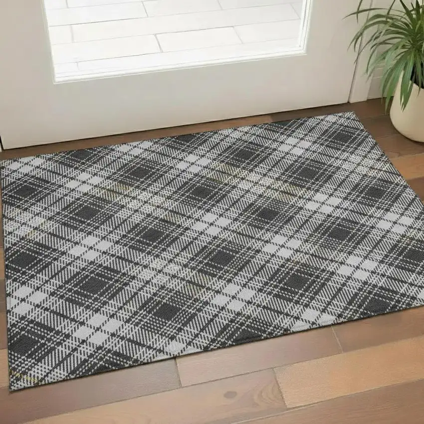 Charcoal Ivory And Gold Plaid Washable Area Rug With UV Protection Photo 2