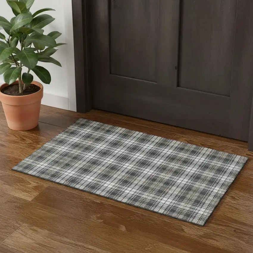Charcoal Ivory And Gold Plaid Washable Area Rug With UV Protection Photo 1