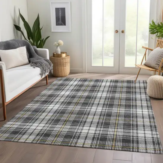 Charcoal Ivory And Gold Plaid Washable Area Rug With UV Protection Photo 5