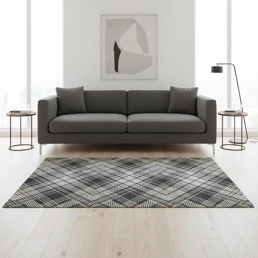 Charcoal Ivory And Gold Plaid Washable Area Rug With UV Protection Photo 2