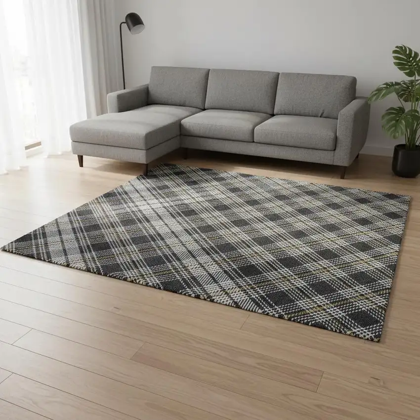 Charcoal Ivory And Gold Plaid Washable Area Rug With UV Protection Photo 2