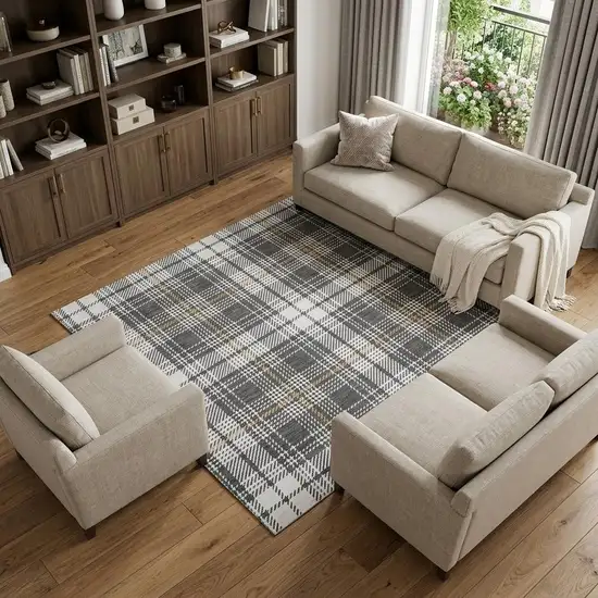 Charcoal Ivory And Gold Plaid Washable Area Rug With UV Protection Photo 1