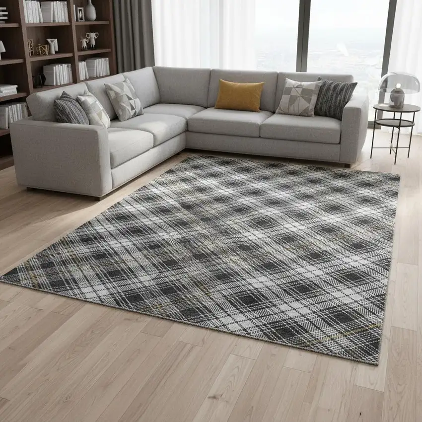 Charcoal Ivory And Gold Plaid Washable Area Rug With UV Protection Photo 2