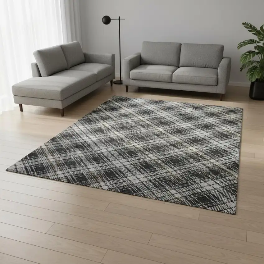 Charcoal Ivory And Gold Plaid Washable Area Rug With UV Protection Photo 2