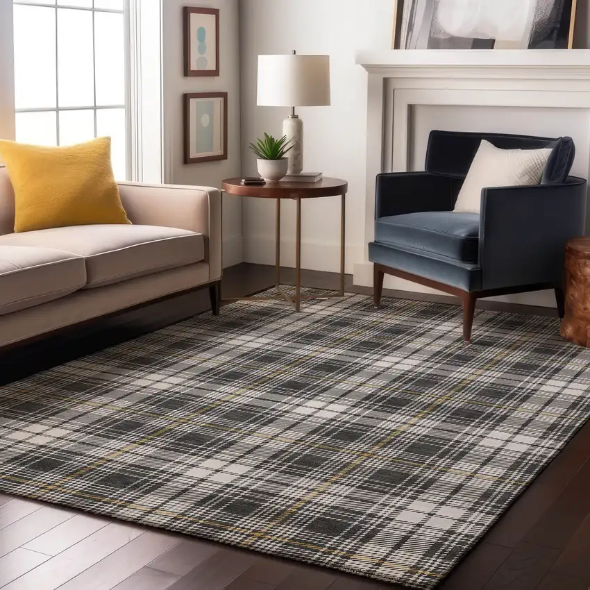Charcoal Ivory And Gold Plaid Washable Area Rug With UV Protection Photo 4