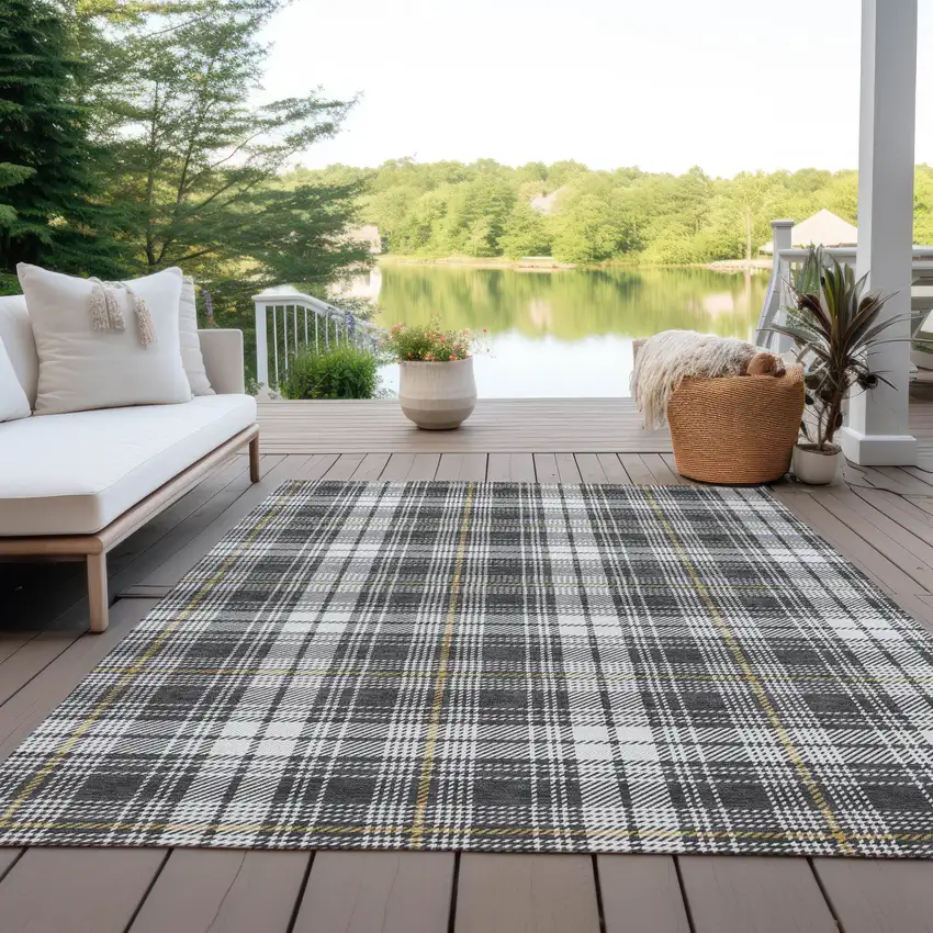 Charcoal Ivory And Gold Plaid Washable Indoor Outdoor Area Rug Photo 9