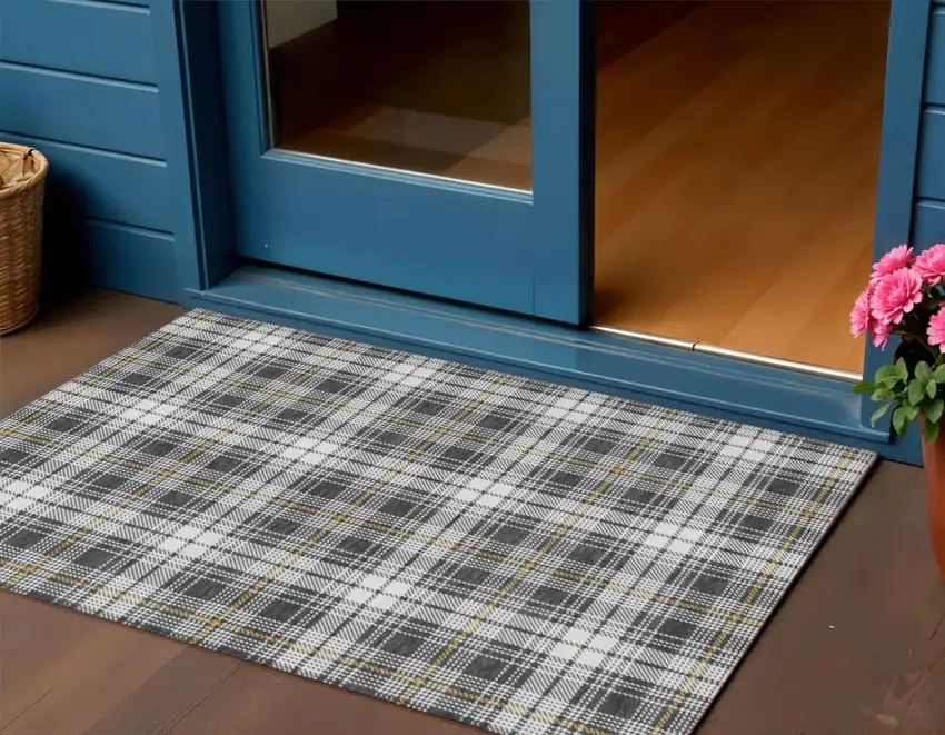 Charcoal Ivory And Gold Plaid Washable Indoor Outdoor Area Rug Photo 1
