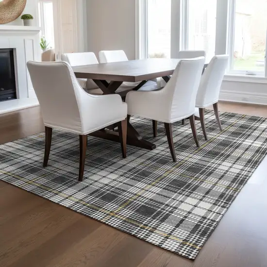 Charcoal Ivory And Gold Plaid Washable Indoor Outdoor Area Rug Photo 9