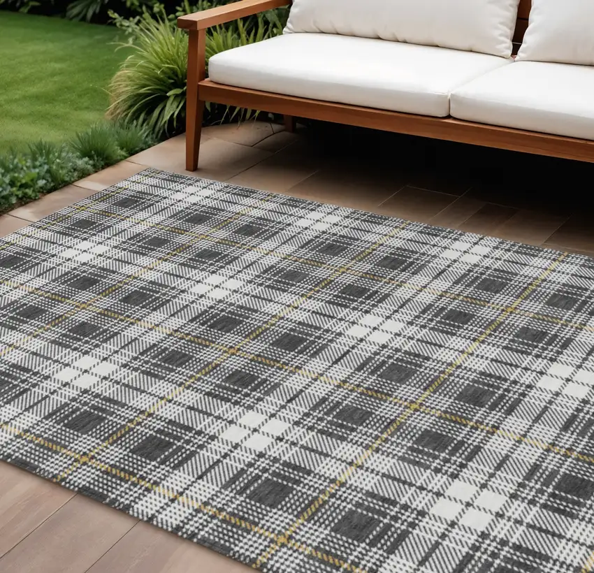 Charcoal Ivory And Gold Plaid Washable Indoor Outdoor Area Rug Photo 1
