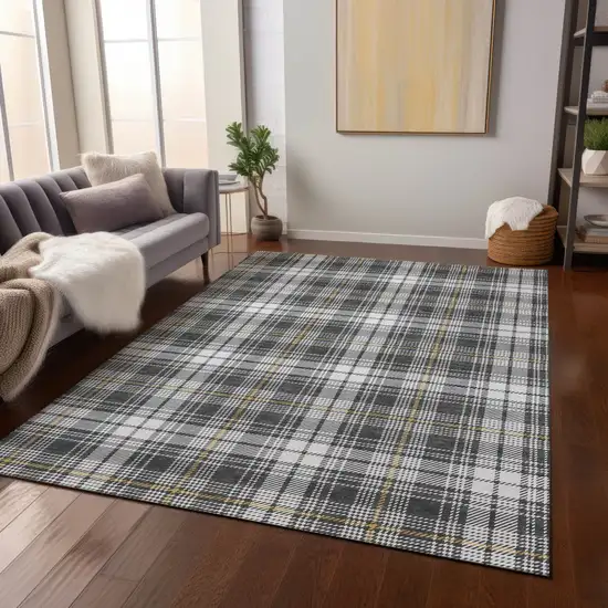 Charcoal Ivory And Gold Plaid Washable Indoor Outdoor Area Rug Photo 7