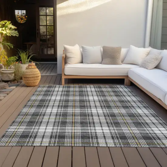 Charcoal Ivory And Gold Plaid Washable Indoor Outdoor Area Rug Photo 6