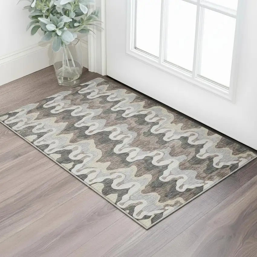 Charcoal Ivory And Gray Abstract Washable Area Rug With UV Protection Photo 2