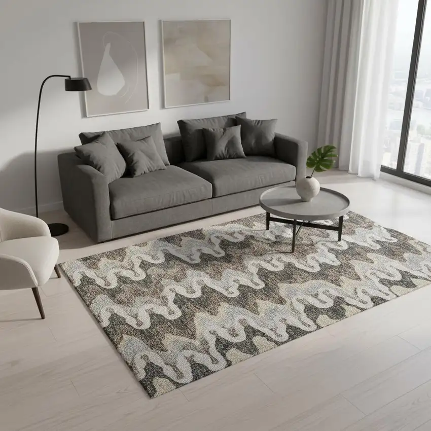 Charcoal Ivory And Gray Abstract Washable Area Rug With UV Protection Photo 2