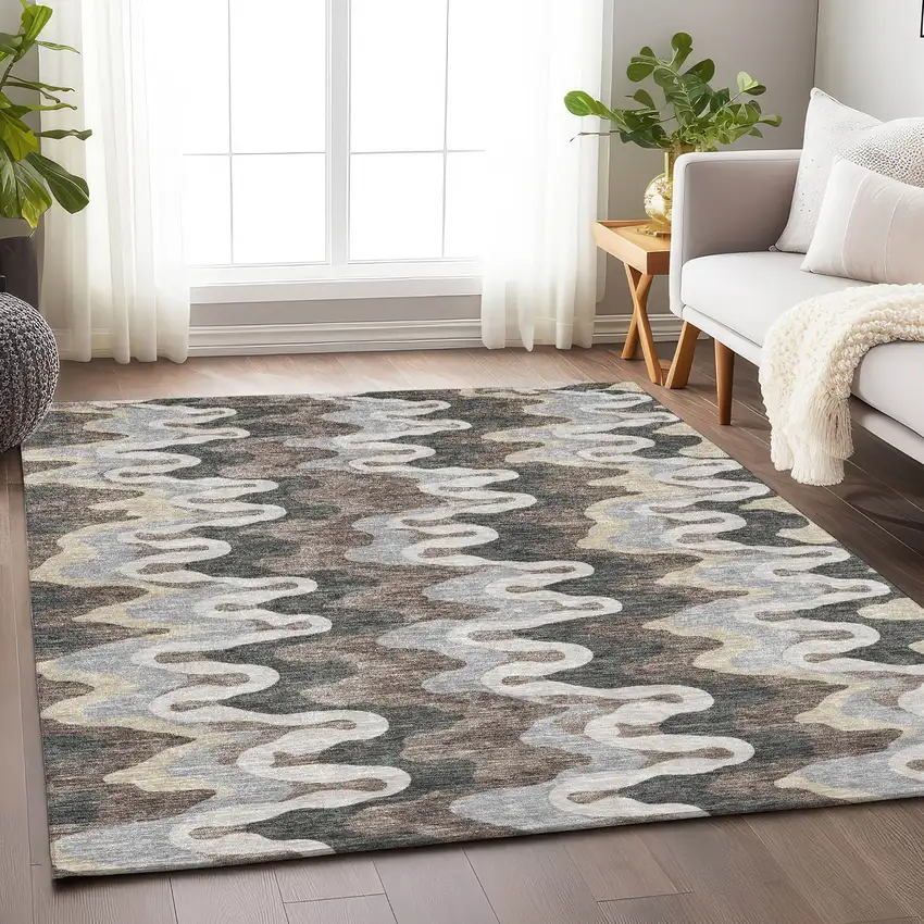 Charcoal Ivory And Gray Abstract Washable Area Rug With UV Protection Photo 5