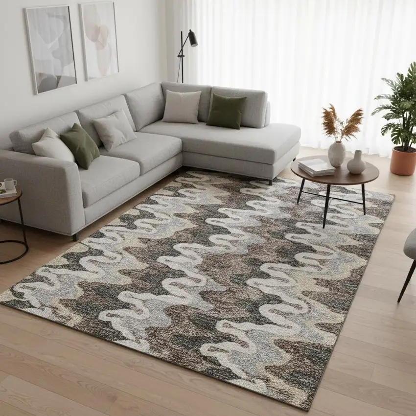 Charcoal Ivory And Gray Abstract Washable Area Rug With UV Protection Photo 2