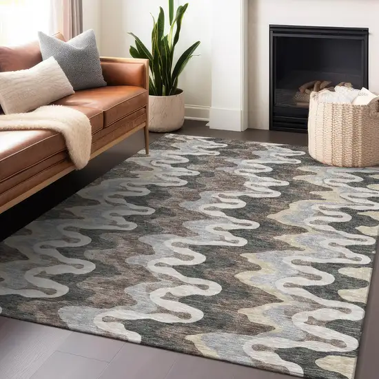 Charcoal Ivory And Gray Abstract Washable Area Rug With UV Protection Photo 6
